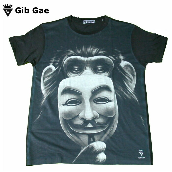 【送料無料】Gib Gae プリントTシャツ ブラック メンズ 映画 アノニマス 仮面 チンパンジー アニマル ..
