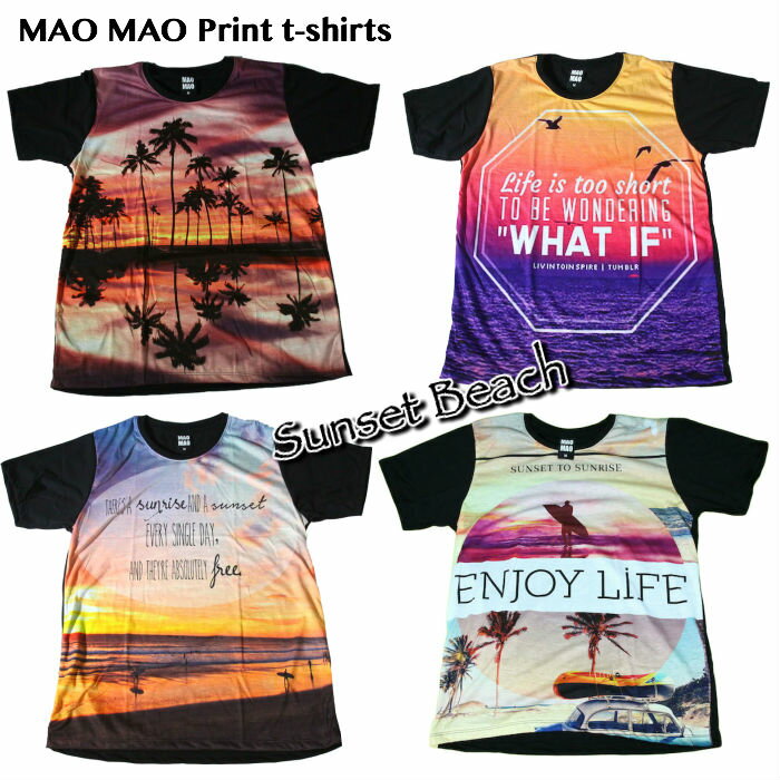 乐天商城 - 【送料無料】MAO MAO サマー ビーチ プリントTシャツ ブラック メンズ 海 夕日 サンセット ヤシの木 サーフイン サーフ系 スケーター カワイイ おしゃれ カラフル ストリート系 インナー 柄物 半袖 M/L/XLサイズ