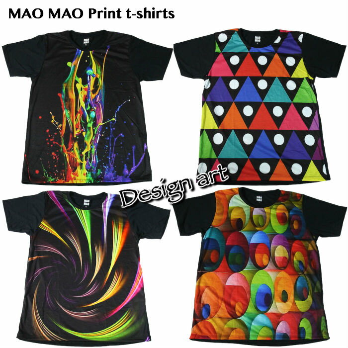 【送料無料】MAO MAO アート プリントTシャツ ブラック メンズ うずまき スプラッシュペイント ペンキ 三角形 幾何学模様 おしゃれ カラフル ストリート系 インナー 柄物 半袖 M/L/XLサイズ