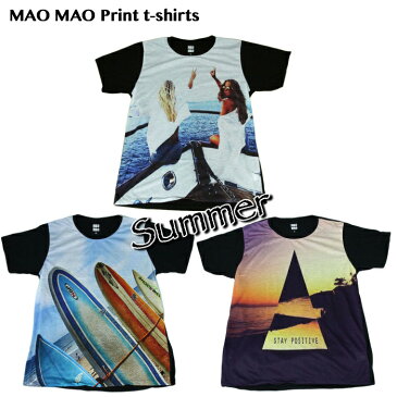 【送料無料】MAO MAO サマー プリントTシャツ ブラック メンズ 海 ビーチ 波 夕日 サンセット サーフボード サーフ系 サーファー スケーター カワイイ おしゃれ カラフル ストリート系 インナー 柄物 半袖 M/L/XLサイズ