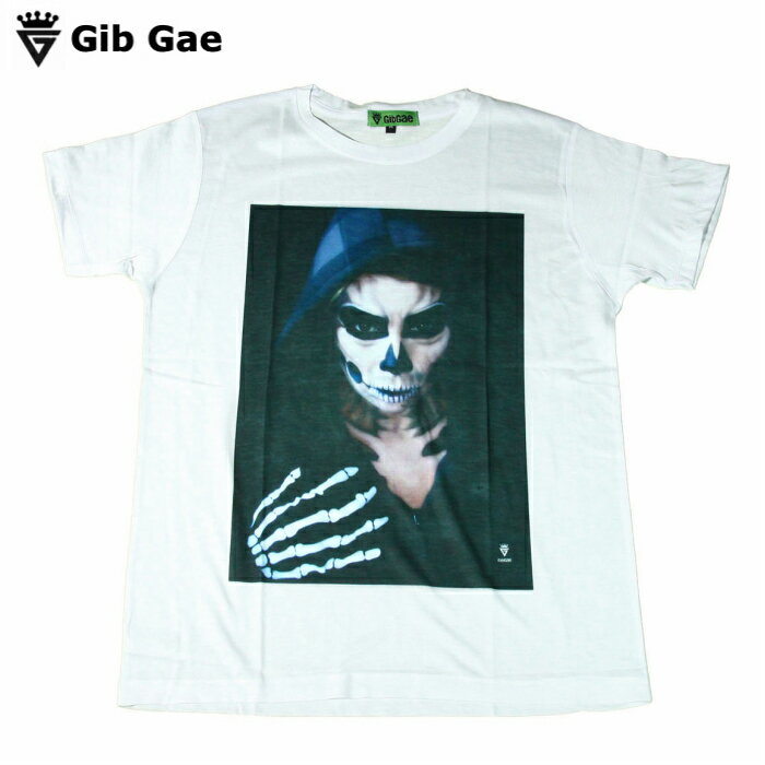 【送料無料】Gib Gae ガイコツ プリントTシャツ ホワイト メンズ ドクロ メイク 仮装 ハロウィン スカル メイク 死者の日 お祭り インパクト抜群 フェス イベント おもしろプリント かっこいい おしゃれ スケーター ストリート系 M/L/XLサイズ 半袖