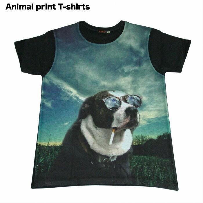 乐天商城 - 【送料無料】アニマルTシャツ プリントTシャツ ブラック メンズ 犬 わんちゃん ペット インスタ SNS 写真 サングラス 愛犬家 仮装 かわいい おもしろプリント おしゃれ ストリート系 男女兼用 ユニセックス M/Lサイズ 半袖