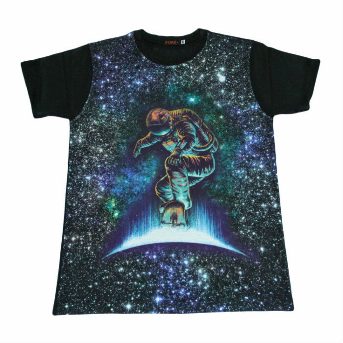 乐天商城 - 【送料無料】スケートボード プリントTシャツ ブラック メンズ 宇宙飛行士 スペース スケボー トリック かっこいい 無重力 かわいい おもしろプリント おしゃれ ストリート系 男女兼用 ユニセックス M/Lサイズ 半袖