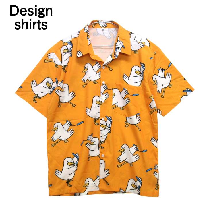 Hawaiian Shirt - 【送料無料】デザインシャツ アロハシャツ 半袖 アヒル カワイイ ヌンチャク 格闘技 おもしろ柄シャツ メンズ レディース ユニセックス 男女兼用 夏服 春夏 柄物 サーフ系 南国 リゾート バカンス 海 ビーチ