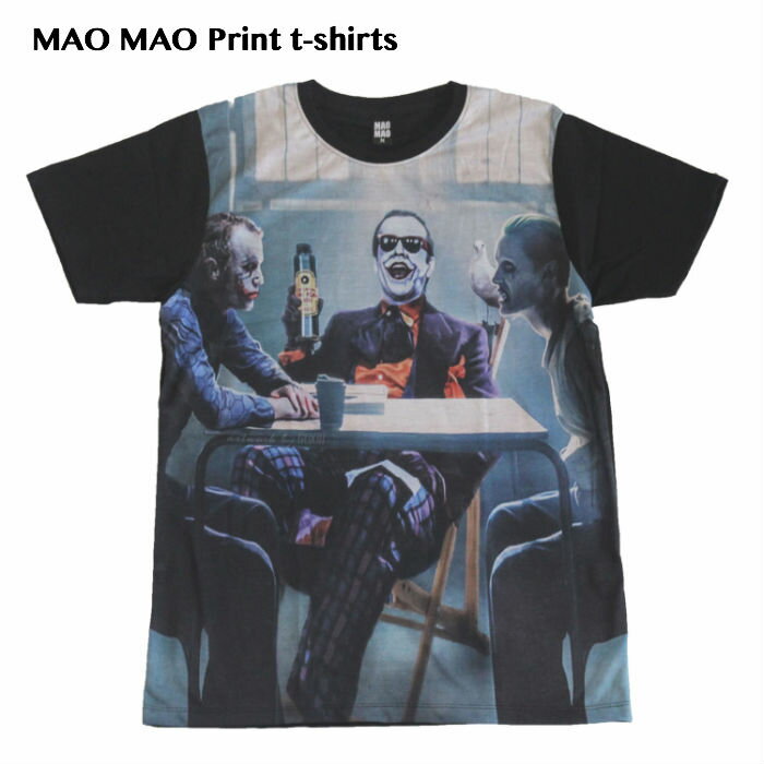 【送料無料】MAO MAO プリントTシャツ ブラック メンズ 映画 ジョーカー おもしろ 飲み会 JORKER アメリカ ジャレッド レト ジャック ニコルソン ヒース アンドリュー レジャー おしゃれ ストリート系 インパクト抜群 カッコイイ クール インナー 柄物 半袖 M/L/XLサイズ