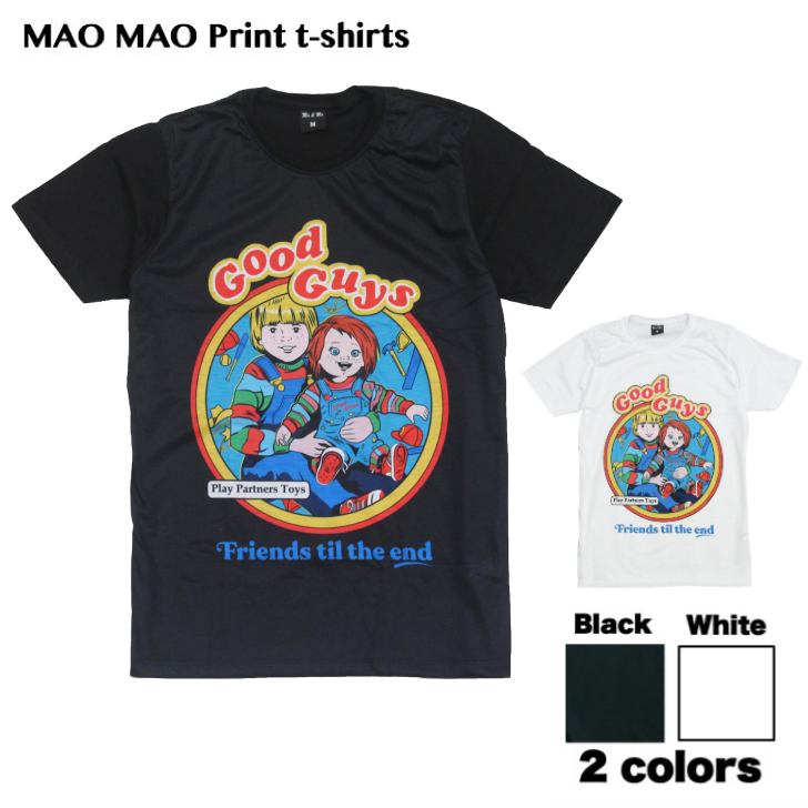 乐天商城 - 【送料無料】MAO MAO プリントTシャツ チャッキー チャイルドプレイ グッドガイ人形 レトロデザイン ブラック ホワイト メンズ おしゃれ ストリート系 カッコイイ クール 柄物 半袖 M/L/XLサイズ