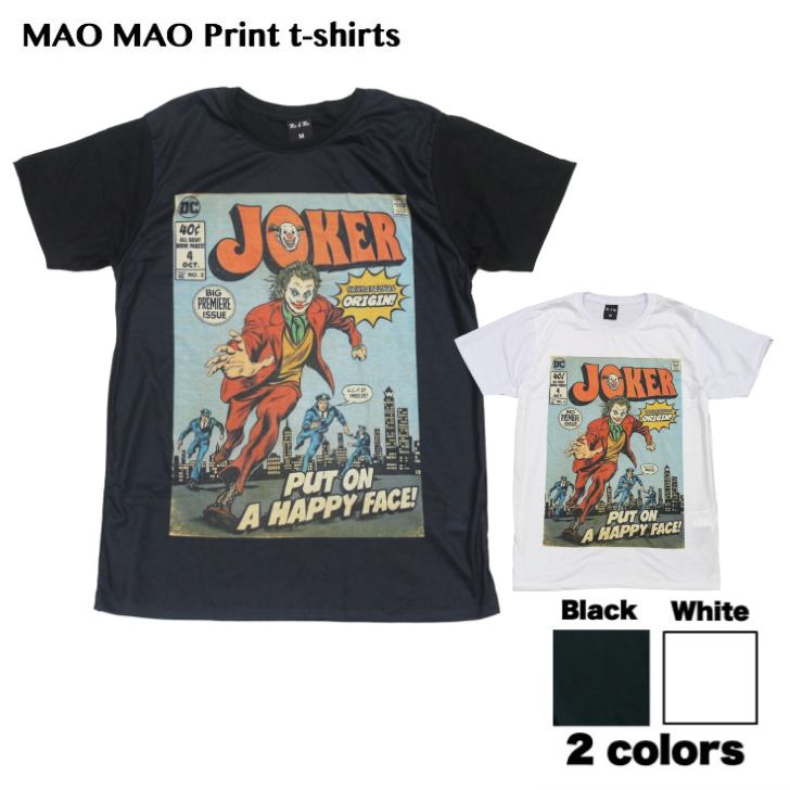 乐天商城 - 【送料無料】ジョーカー 映画Tシャツ MAO MAO アメコミ JOKER プリントTシャツ ホラー映画 レトロデザイン コミック ブラック ホワイト メンズ おしゃれ ストリート系 カッコイイ クール 柄物 半袖 M/L/XLサイズ