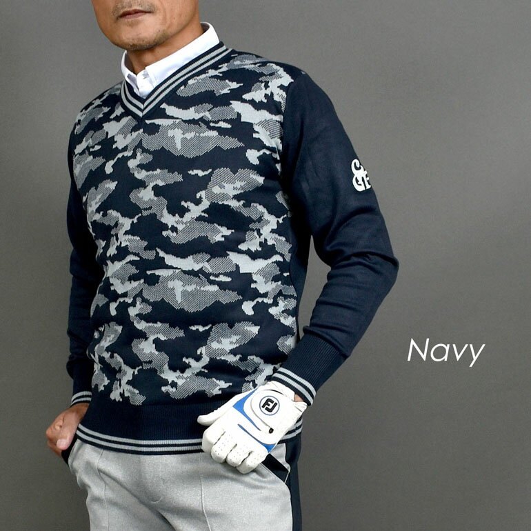 送料無料【パシャ売りサンプル在庫処分】アウトレット/迷彩柄Vネックゴルフニットセーター/ネイビー/XXXLサイズ(S-S885613)メンズ 在庫処分 サンプル 返品不可 サンタリート CG-ST126