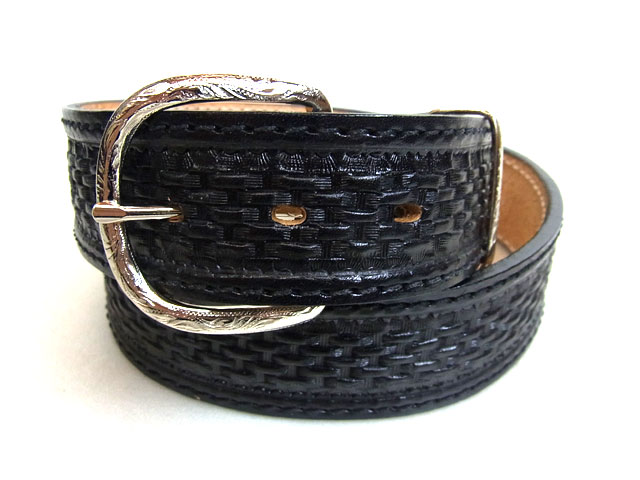■DOUBLE "J" SADDLERY(ダブルジェイサドリー)■ USA ハンドクラフト バスケットカービング ダブルステッチ ウエスタンベルト(38mm幅) 【ブラック】 黒 本革 牛革 レザー メンズ アメリカ カウボーイ カントリー 乗馬 牧場 バイカー 衣装 舞台 上野 アメ横 石原商店 送料無料