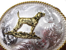 ■MONTANA■イングリッシュポインター犬ドッグ唐草エングレーブミディアムオーバルバックル38mm幅対応【シルバー×ゴールド】メンズレディースジャーマンシルバーシルバープレートUSAウエスタン狩猟犬カウボーイ西部劇衣装上野アメ横石原商店送料無料