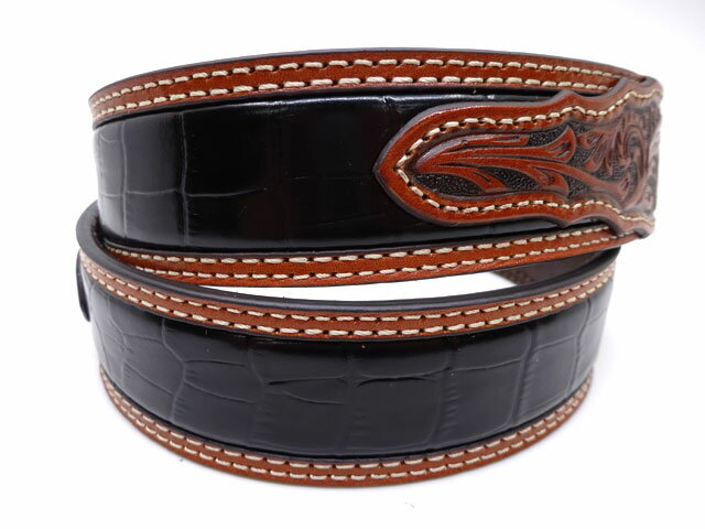 ◆NOCONA(ノコナ)◆ USA クロコダイル デザイン フローラル カービング切替 ウエスタンベルト 【ブラック×ブラウン】 コンビ レザー 本革 牛革 馬毛 アメリカ カントリー カウボーイ 乗馬 バイカー 衣装 西部劇 上野 アメ横 石原商店 送料無料