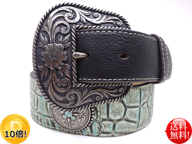 ◆NOCONA(ノコナ)◆ USA クロコデザイン ヴィンテージ加工 コブラタイプ ウエスタンベルト 【ブルー×ブラック】 コンチョ ターコイズ アメリカ カントリー カウボーイ ダンス バイカー 乗馬 衣装 舞台 上野 アメ横 石原商店 送料無料
