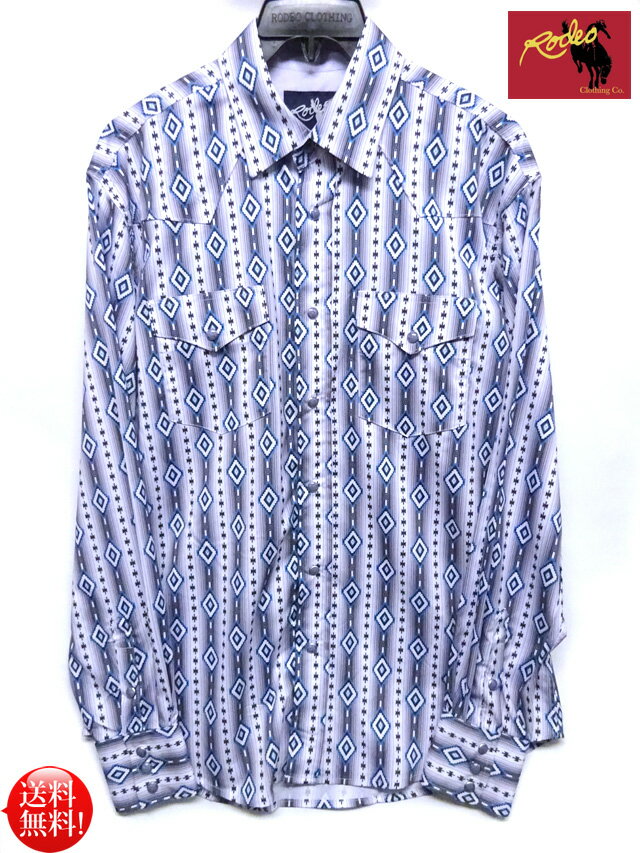 楽天ONE　AND　HALF☆RODEO clothing USA サウス ウエスタン アステカ アズテック ウエスタンシャツ 【グレー×ブルー】 ロデオクロージング 総柄 パールスナップ アメリカ ランチウェア カントリー ダンス モダール 速乾 乗馬 バイカー 衣装 ステージ ポリシャツ
