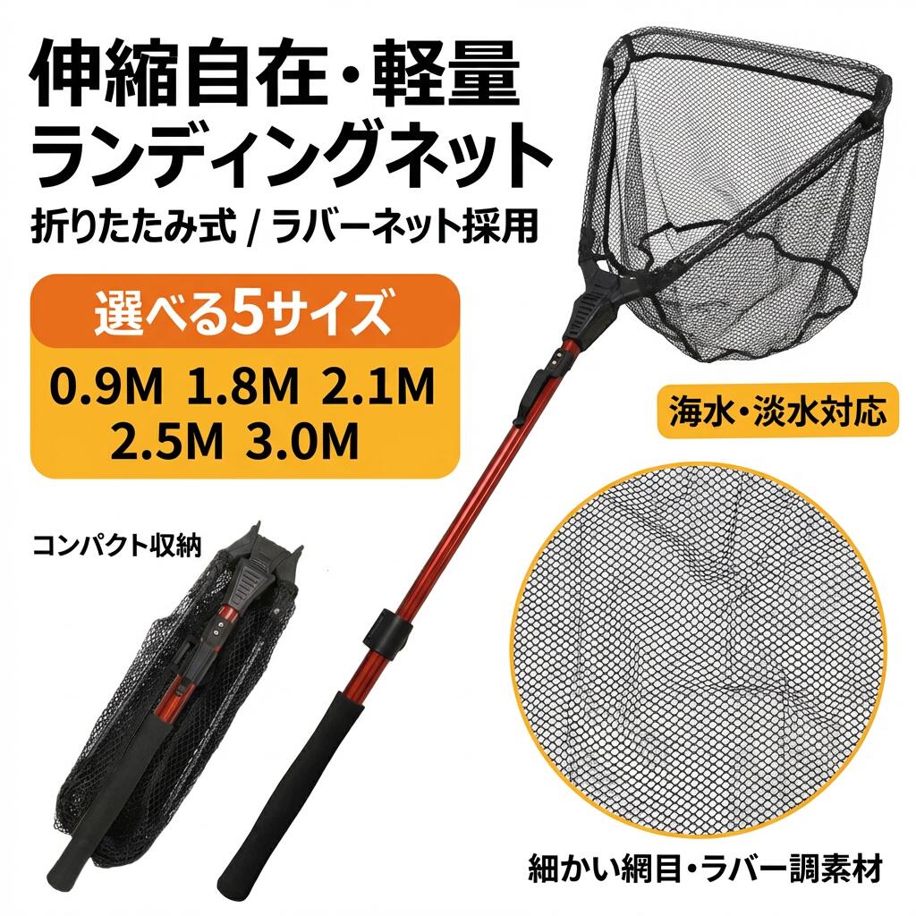 【軽量で頑丈な折りたたみ式玉網｜耐久性抜群！海水・淡水どちらもOK】 概要説明：非常に頑丈で軽量な折りたたみ式玉網です。海水・淡水どちらでも使用可能で、様々な釣りシーンに最適です。 ターゲットや使用シーン：海釣り、川釣り、磯釣り、防波堤での釣りなどに最適。 商品の特長 特長1 強化アルミ合金シャフトを使用しているため、耐久性に優れています。通常のカーボンやグラス素材よりも破損しにくく、海水や淡水どちらでも安心して使えます。 特長2 三角形ラバーネット仕様で、魚を傷つけにくく、水の抵抗も少なく初心者でも扱いやすい構造です。また、底から生き物を掬い上げる際にも逃げることがありません。 特長3 折り畳み式でコンパクトに収納でき、持ち運びが簡単です。長さは2（3）段階調節可能で、シーンに合わせて自由に使用できます。 必要に応じて、他の特長も追加可能です。 素材 ・強化アルミ合金シャフト ・ラバーネット素材 サイズ ・全長：約90cm 收縮後：約43cm ・全長：約180cm 收縮後：約84cm ・全長：約210cm 收縮後：約77cm ・全長：約250cm 收?後：約87cm ・全長：約300cm 收?後：約105cm こんなシーンにおすすめ ・海釣り ・川釣り ・磯釣り ・防波堤での釣り ・サーフでのホタルイカ掬い ・川や水路での生き物すくい 締めくくりメッセージ：耐久性抜群の折りたたみ式玉網で、釣りや水辺のアクティビティをもっと快適に！ぜひお試しください。 検索関連ワード 玉網, たも網, ランディングネット, 釣りネット, すくい網, 折りたたみ式, 軽量, 防錆素材, ラバーネット, 伸縮式, 多機能ツール, 魚取り網, 漁具, 淡水対応, 海水対応, 0.9M, 1.8M, 2.1M, 2.5M, 3.0M, 強化アルミ合金, 三角形ラバーネット, コンパクト設計, 持ち運び便利, 初心者向け, 防波堤釣り, 磯釣り, 川釣り, 海釣り, 人気, おすすめ, プレゼント, ギフト, 新生活, 母の日, 父の日, 誕生日, 収納簡単, 水の抵抗少, 魚を傷つけにくい, 釣具, アウトドア, 釣り好き, スポーツフィッシング, レジャー用品, おしゃれ, 高見え, 定番, 話題の 注意事項 ・ラッピング対応は行っておりません。 ・予告なく仕様変更になる場合がございます。 ・写真はイメージです。実際の商品と若干異なる場合がございます。 ・基本は全国一律送料無料と対応させていただきますが、沖縄・北海道・離島地域へお届けの場合は別途送料をご請求させていただきます。 ・商品のサイズは採寸方法によって、若干な誤差が生じる場合はあります。ご了承ください。 品質保証 ・出品商品は全て新品未使用です。 ・安心の初期不良対応 ：万が一商品に不具合があった場合は、商品到着後7日以内にご連絡ください。 ・不具合の状況確認のため、写真や動画のご提供をお願いする場合がございます。確認後、速やかに「新品交換」または「ご返金」にて対応させていただきます。 ・お客様に安心してご購入いただけるよう、誠心誠意サポートいたします。「悪い評価」を付ける前に、まずはお気軽にご相談ください。 検索関連ワード 玉網, たも網, ランディングネット, ランディングツール, 釣り用 玉網, すくい網, 釣りネット, 魚取り網, 漁具, 折りたたみ式, 伸縮自在, 伸縮式玉網, 多段調節, 0.9m, 1.8m, 2.1m, 2.5m, 3.0m, 軽量, コンパクト, 持ち運び, 収納簡単, 防錆素材, 防錆, ラバーネット, 三角形ラバーネット, 魚にやさしい, 魚を傷つけにくい, 水切れ, 水抵抗少なめ, 初心者向け, 海釣り, 川釣り, 磯釣り, 防波堤, ルアーフィッシング, 淡水対応, 海水対応, 淡水海水両対応, 生き物を逃がしにくい, 逃げにくい, 強化アルミ合金シャフト, アルミ合金, 頑丈, 耐久性, 釣り道具, ポイント消化, 送料無料, 新生活, 母の日, 父の日, 誕生日, プレゼント, ギフト, 人気, おすすめ, 楽天スーパーSALE, お買い物マラソン注意事項：モニターの発色により、実物と異なる場合がございます。