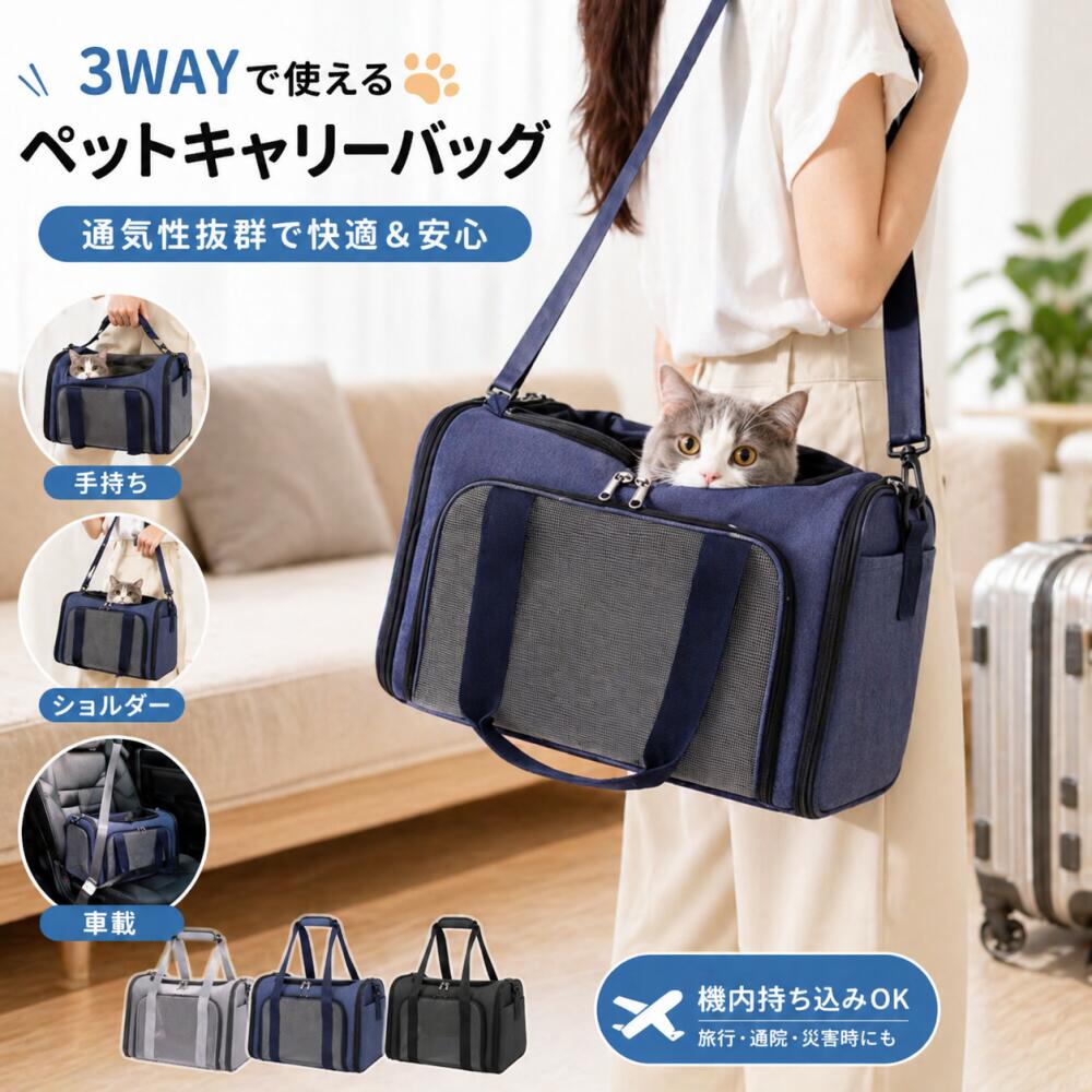 ショップ名：shinstore 【愛猫・愛犬とのお出かけをもっと自由に。3WAYでどんなシーンも快適】 メッシュ素材で通気性抜群。夏場の暑い日でも、愛犬・愛猫が快適に過ごせます。 4つの特長 1. 3WAYで使える万能デザイン 手持ち/ショルダー/車載 2. メッシュ素材で通気性抜群 全面にメッシュを採用。暑い夏場や長時間のお出かけでも、バッグ内の空気がこもりません。愛犬・愛猫が快適に過ごせる環境を実現します。 3. 軽量＆おしゃれデザイン オックスフォード素材を採用し、軽量でありながら丈夫。ライトグレー・ネイビー・黒の3色展開で、どんなファッションにも合わせやすいシンプルでおしゃれなデザインです。 4. 様々なシーンで活躍 日常のお散歩 通院（動物病院への移動） 旅行・帰省 災害時の避難用としても c shinstore 安心の品質保証