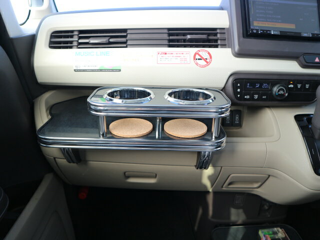 【売り切り お買い得】N BOX JF3(17/9〜）フロントテーブル&サイドテーブル　運転席側セット 　ブラックウッド　BKxフルメッキ カスタム カスタムパーツ 車内収納 高級感 インテリア性 ドリンクホルダー付き 日本製 自社製作 職人仕上げ カーアクセサリー カー用品 車用収納