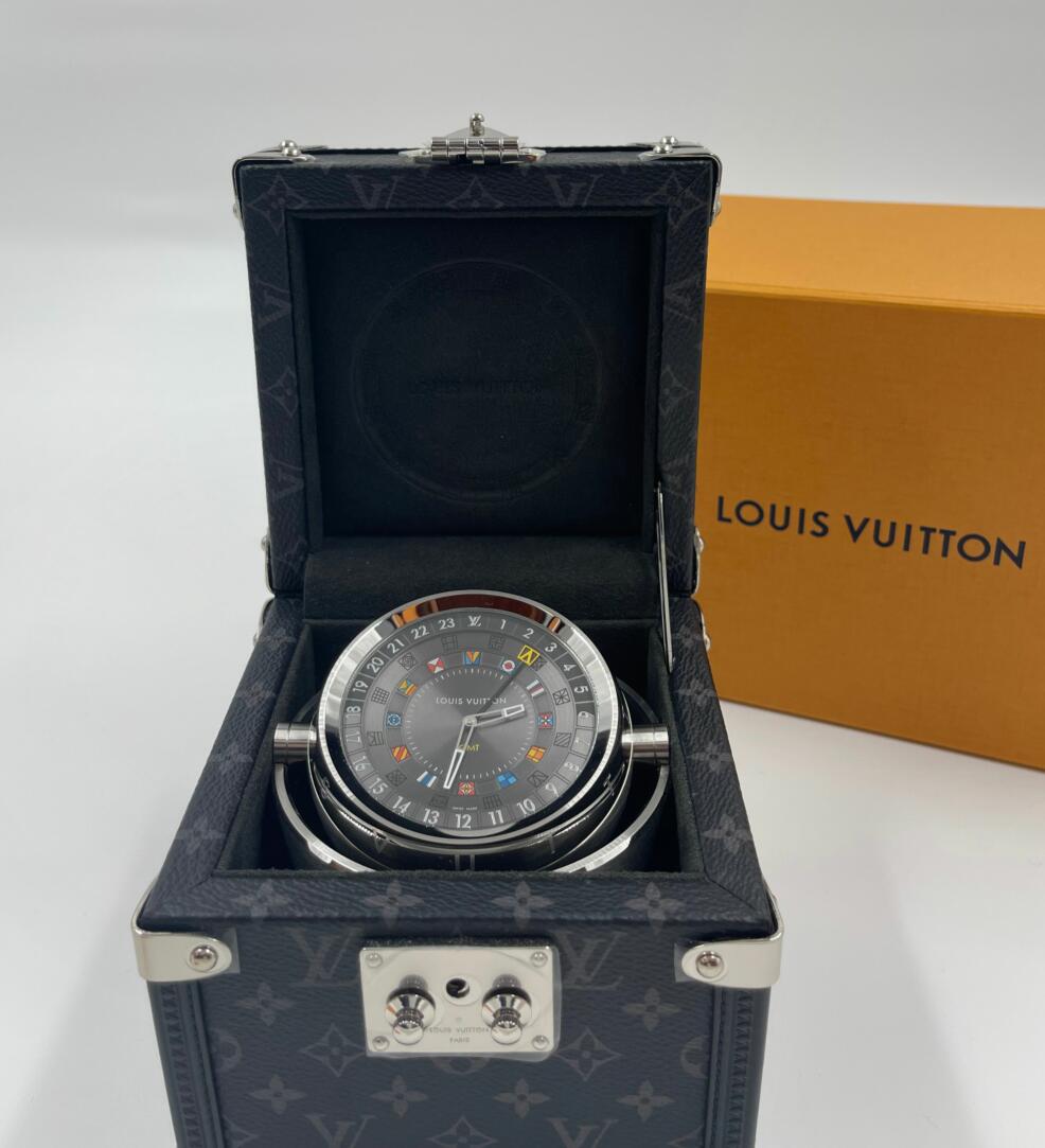 新古品 新品同様 1点限り LOUIS VUITTON ルイヴィトン タンブール デュアル・タイム テーブルクロック トランク 時計 置き時計 LV トランク 時計収納