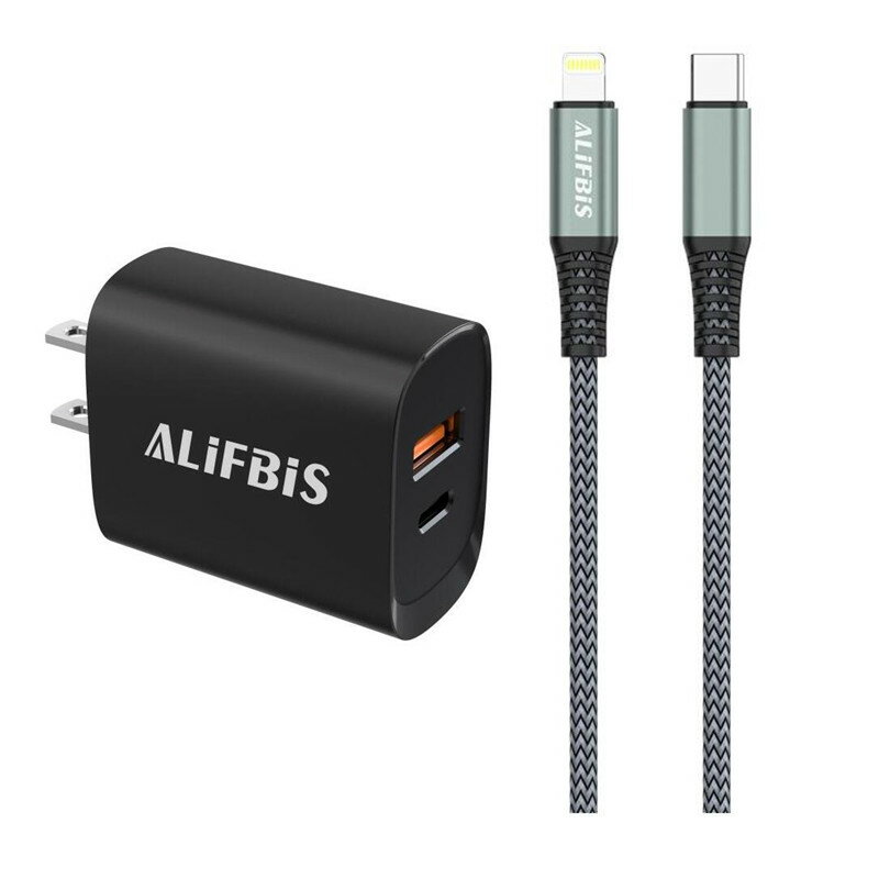 Alifbis 正規品 PD充電器(ブラック ホワイト)+充電ケーブルセット PSE認証済 CL-01 USB-C 急速充電器 20w C+A 2ポート Typ...