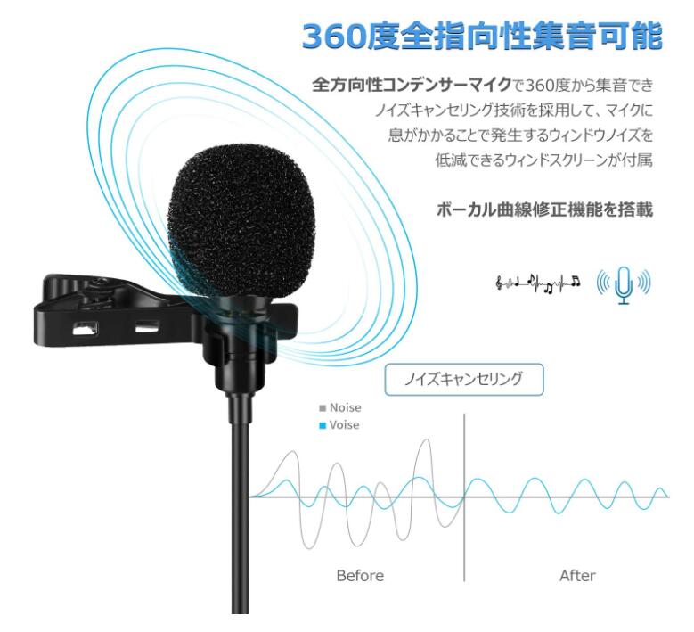 Type-c 端子　ピンマイク クリップマイク コンデンサーマイク 高音質 ミニマイク　ケーブル1.5m 低ノイズ クリップ式スマホマイク　youtube 動画撮影 Vlog 生放送 ビデオ会議 カラオケ録音 ゲーム実況 インタビュー チャット用マイク 収納袋付き