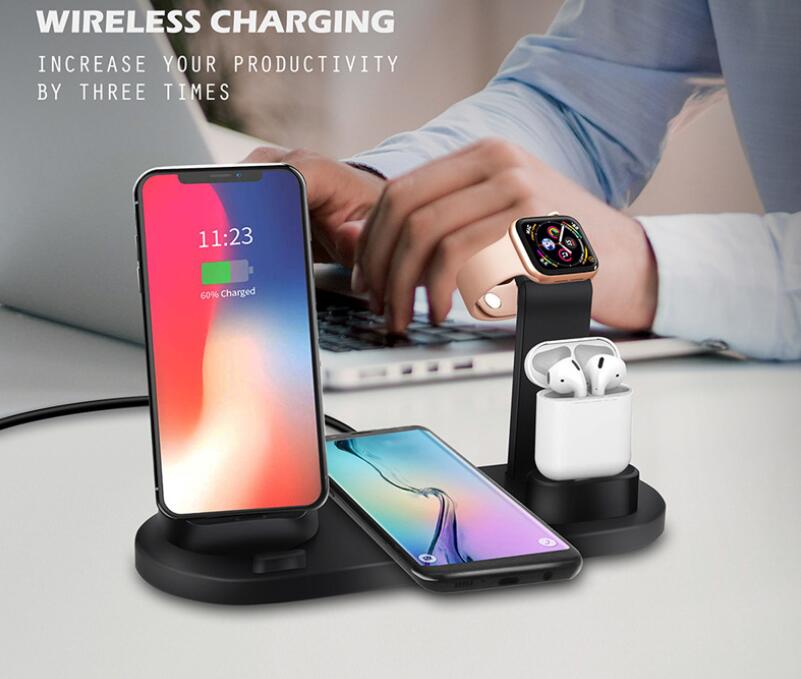 4-in-1 ワイヤレス充電スタンド 　置くだけ充電　Apple Watch スタンド iPhone/Apple Watch/Airpods充電器 iPhone X/XS/XR/XS Max/ 8/8 Plus Qi 7.5W急速充電対応 Galaxy S9/S9 Plus/Note8/S8/S8 Plus/S7/S7 Edge/S6 Edge Plus 10W対応 その他Qi対応機種も適用　在宅勤務