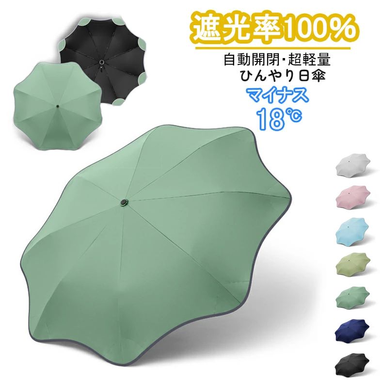 日傘 折りたたみ 完全遮光 軽い UVカットUPF50 紫外線遮断 折りたたみ傘 おしゃれ ワンタッチ自動開閉 100%遮光 晴雨兼用 男女兼用 ビジネス傘 無地 傘袋 可愛い 蓮葉の形 大きい 8本骨 丸角 光反射テープ