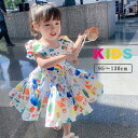 子供服 ワンピース 女の子 キッズ 子供ドレス 総柄 半袖 パフスリーブ ボリューム袖 プリント スクエアネック リボン ギフト 夏 かわいい おしゃれ 新作 送料無料(4)