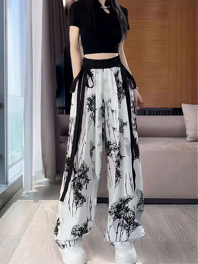 ワイドパンツ レディース 接触冷感 きれいめ ロングパンツ リボン付き ゆったり カジュアル 体型カバー プリント ボトムス ロング丈 タックパンツ 美脚効果 長ズボン キレイめ 春夏 新作 送料無料