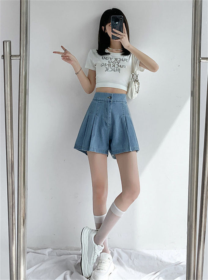 ハーフパンツ レディース ショートパンツ デニムパンツ プリーツパンツ フレア ハイウエスト ウエストゴム おしゃれ 膝上 無地 ボトムス 春 夏 秋 ショート丈 aライン ガウチョパンツ ワイドパンツ 美脚 低身長 可愛い ライトブルー ダークブルー M~5XL 夏物 送料無料