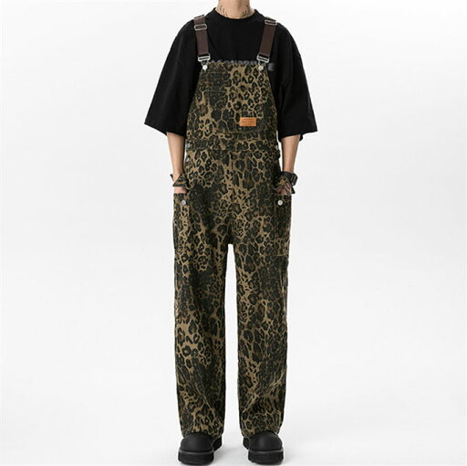 オーバーオール サロペット メンズ レディース つなぎ オールインワン カーゴパンツ ロングパンツ 作業着 作業服 仕事着 ヒョウ柄 チノパン ワークパンツ シンプル カッコイイ ヒップホップ ストリート ユニセックス ポケット付き ゆったり アメカジ 春 夏 秋 冬