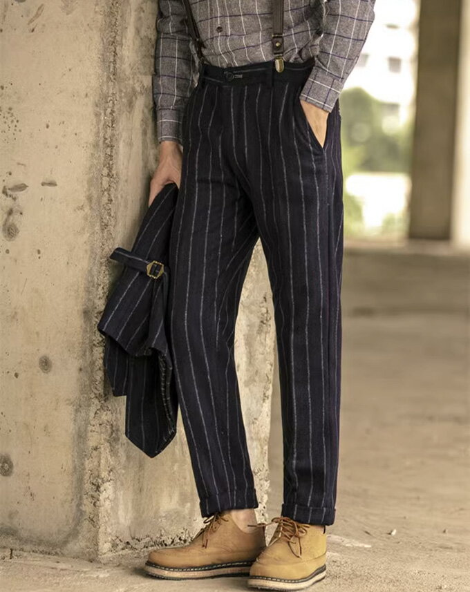 パンツ ウールジャージ スラックス ウール混 タックパンツ ストライプ柄 パンツ テーパード 美脚パンツ 暖パン カジュアル イージーパンツ ズボン スーツ パンツ メンズ ビジネス オフィス フォーマル ボトムス 大きいサイズ 厚手 暖かい 防寒 秋 上品 高級 冬物 送料無料