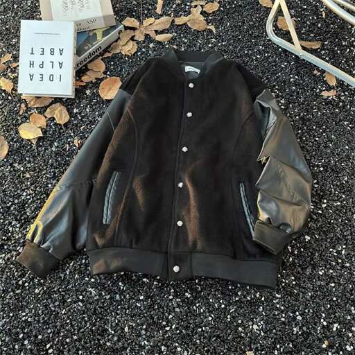 ジャケット メンズ スタジアムジャケット PU切り替え PUレザー 長袖 ノーカラー ショート丈 無地 シングル シンプル 大人 オシャレ カジュアル ゆったり 体型カバー ストリート系 コーデ かっこいい ブラック 黒 M L XL 2XL 3XL 秋服 冬服 秋 冬 冬服 冬物