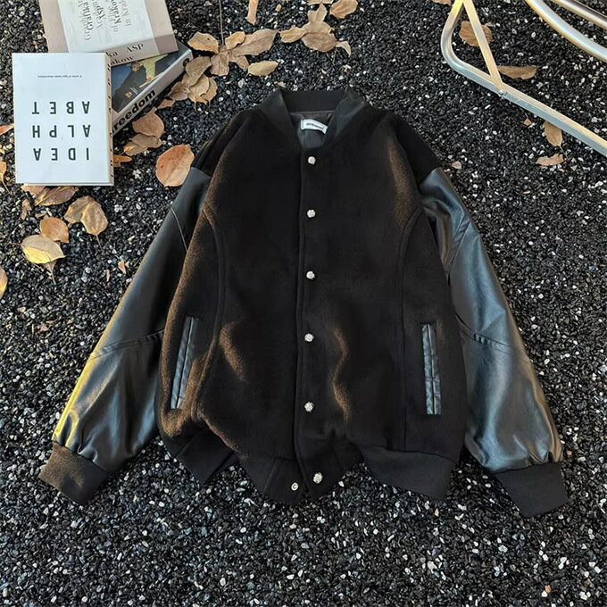ジャケット メンズ スタジアムジャケット PU切り替え PUレザー 長袖 ノーカラー ショート丈 無地 シングル シンプル 大人 オシャレ カジュアル ゆったり 体型カバー ストリート系 コーデ かっこいい ブラック 黒 M L XL 2XL 3XL 秋服 冬服 秋 冬 冬服 冬物