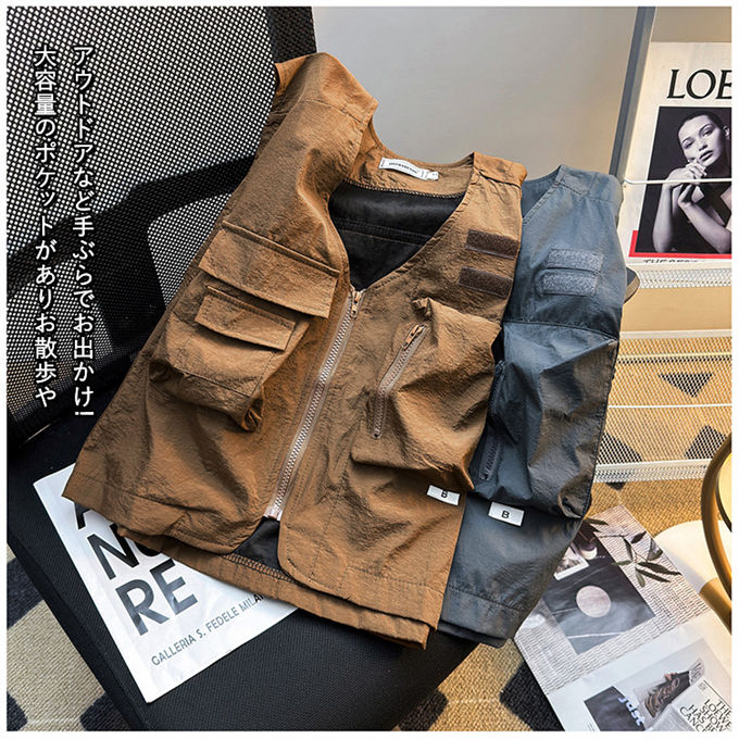 ベスト ワークベスト メンズ レディース Vネック 作業服 無地 重ね着 前開き ゆったり 大人 トップス アウター カジュアル 体型カバー 着痩せ 韓国ファッション オフィス レトロ 多ポケット お釣り 山歩き お釣り 撮影 登山服 春 夏 秋 送料無料