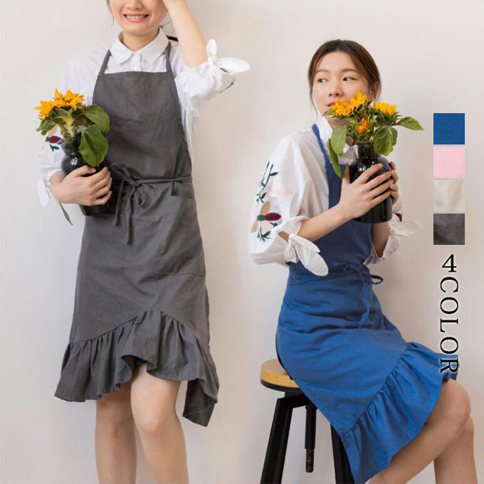 エプロン おしゃれ 胸当てエプロン 女性用 名入れ可能 首掛け式 無地 リネン おしりが隠れる シンプル フリル 業務用 可愛い キッチン 花屋 保育士 幼稚園 着やすい ゆったり 家事 料理 料理教室 美容師 送料無料