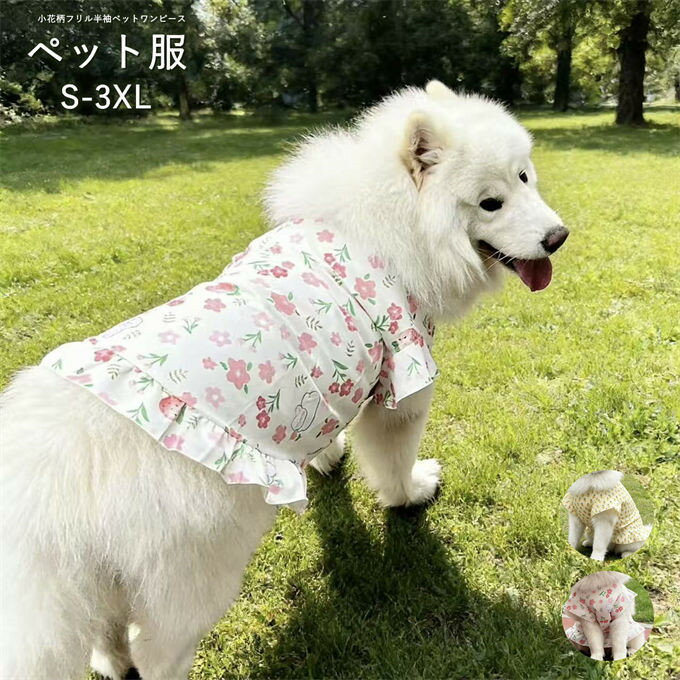 ■商品特徴 サモエドやゴールデンレトリバーなど中型・大型女の子犬にぴったり、小花柄フリル半袖ペットワンピースです。 薄手で通気性に優れた生地を採用し、真夏の長時間のお散歩でも汗のベタつきや熱気のこもりを抑え、愛犬の熱中症を予防します。襟元と袖口の可愛いフリルデザインがフェミニンな雰囲気を演出し、芝生など自然環境での記念撮影にも非常に映えます。 ゆったりとした A ラインシルエットは毛量の多い大型犬でも窮屈なく着用でき、走ったりジャンプしたりする運動の邪魔になりません。全身をカバーするデザインにより換毛期の抜け毛飛散を大幅に抑え、室内の掃除の手間を軽減すると同時に、屋外の強い紫外線から皮膚を守ります。 水洗い可能で汚れや抜け毛を簡単に落とせ、何度洗濯してもプリント柄が剥がれにくく耐久性に優れます。サモエド、柴犬、ゴールデンレトリバー、ラブラドールなど多くの中型・大型犬種に対応する、春夏お出かけに欠かせないおしゃれペットウェアです。 【関連キーワード検索】大型犬服，中型犬服，ペットワンピース，花柄ワンピース，フリル半袖，春夏用，通気薄手，抜け毛防止，紫外線対策，女の子犬用，サモエド，柴犬，ゴールデンレトリバー，ラブラドール，お出かけウェア，撮影用，水洗い可能，屋外ペット服，フェミニンペットウェア，可愛い，快適，プレゼント，ギフト ■商品仕様 カラー：color1 color2 素材：ポリエステル ※当店スタッフの個人的な感想になります。お客様により、感じ方等異なる場合がございますので、あくまでもご参考としてご利用ください。 ■サイズ表： ｜S ｜M ｜L ｜XL ｜2XL｜3XL｜ ページのサイズ表をご確認ください ※採寸方法により誤差が生じる場合がございます。 ■備考 ・掲載画像につきましては、撮影環境【室内・野外・天候】等、お客様の閲覧されますパソコンや携帯電話キャリアによって、実際の商品とは多少異なったお色に見える場合も御座いますので予めご了承下さいませ。 ・生産ロットによっての生地の色味や濃淡・質感が異なる場合がございます。 ・何か質問がございましたら、お気軽にメールにてご連絡ください。