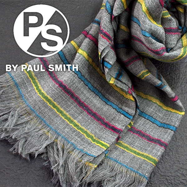 ポールスミス マフラー（メンズ） 【送料無料】PS BY PAUL SMITH ピーエスバイポールスミス インド製 メンズストール ボーダー柄 グレー ATXD-780D-S80-76