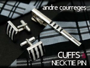 クレージュ ネクタイピン 【最大2000円OFFクーポン 5/23 20:00～5/27 1:59】【andre courreges】アンドレ・クレージュ ネクタイピン＆カフスセット ブラック×ホワイト ボーダー CT4001A-CC6001A【ネコポス不可】