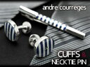 【andre courreges アンドレ・クレージュ】 ネクタイピン&カフスセット ボーダー柄 ブルー×ホワイト ACT5203-ACC12003