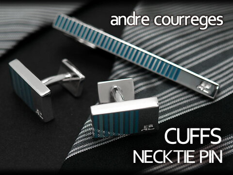 クレージュ ネクタイピン 【最大2000円OFFクーポン 5/23 20:00～5/27 1:59】【andre courreges アンドレ・クレージュ】　ネクタイピン＆カフスセット　ボーダー柄 ブルー×アクアブルー　ACT5204-ACC12004