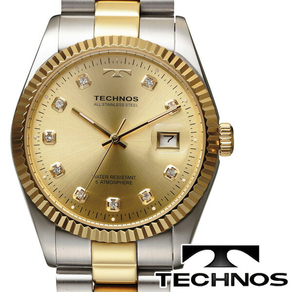 テクノス 腕時計（メンズ） 【10%OFFクーポン 6/1 0:00～6/2 9:59】【TECHONOS】テクノス ラウンドデイトコンビ クオーツ メンズ アナログ 腕時計 ゴールドダイアル ゴールド×シルバー ステンレスベルト T9604TC