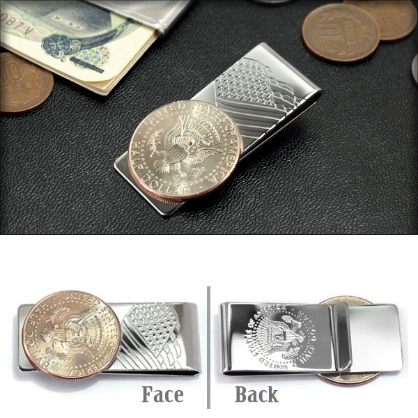 MONEY CLIP Half Dollar Back MC-HALF-DO-BACKステンレス製のスタンダードタイプのマネークリップ。マネーコインをモチーフにした個性的なデザインです。コンパクトですが、紙幣やカードをしっかり挟み込み、財布を持ち歩きたくない人やスタイリッシュにキメたい人のファッションアイテムとしてもおすすめです。商品番号MC-HALF-DO-BACKシリーズ名 - 仕様マネークリップカラーシルバー素材ステンレススティールサイズ約57×30×6mm（縦・横・厚み）重量約30g付属品メーカーボックス発売日/取扱日2017年5月取扱いJAN4902558849659 備考欄初期不良品のみ交換可