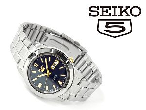【逆輸入SEIKO5】セイコー5 メンズ自動巻き腕時計 ネイビー×ゴールドダイアル ステンレスベルト SNKK11J1
