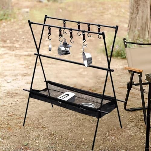 Outdoor Camping Folding Storage Rack, 2-Tier Portable Rack, Camping Gear, Driving, Picnic, with Mesh Bag, Lightweight, Easy Assembly, Multifunctional, Stainless Steel, Durable Storage