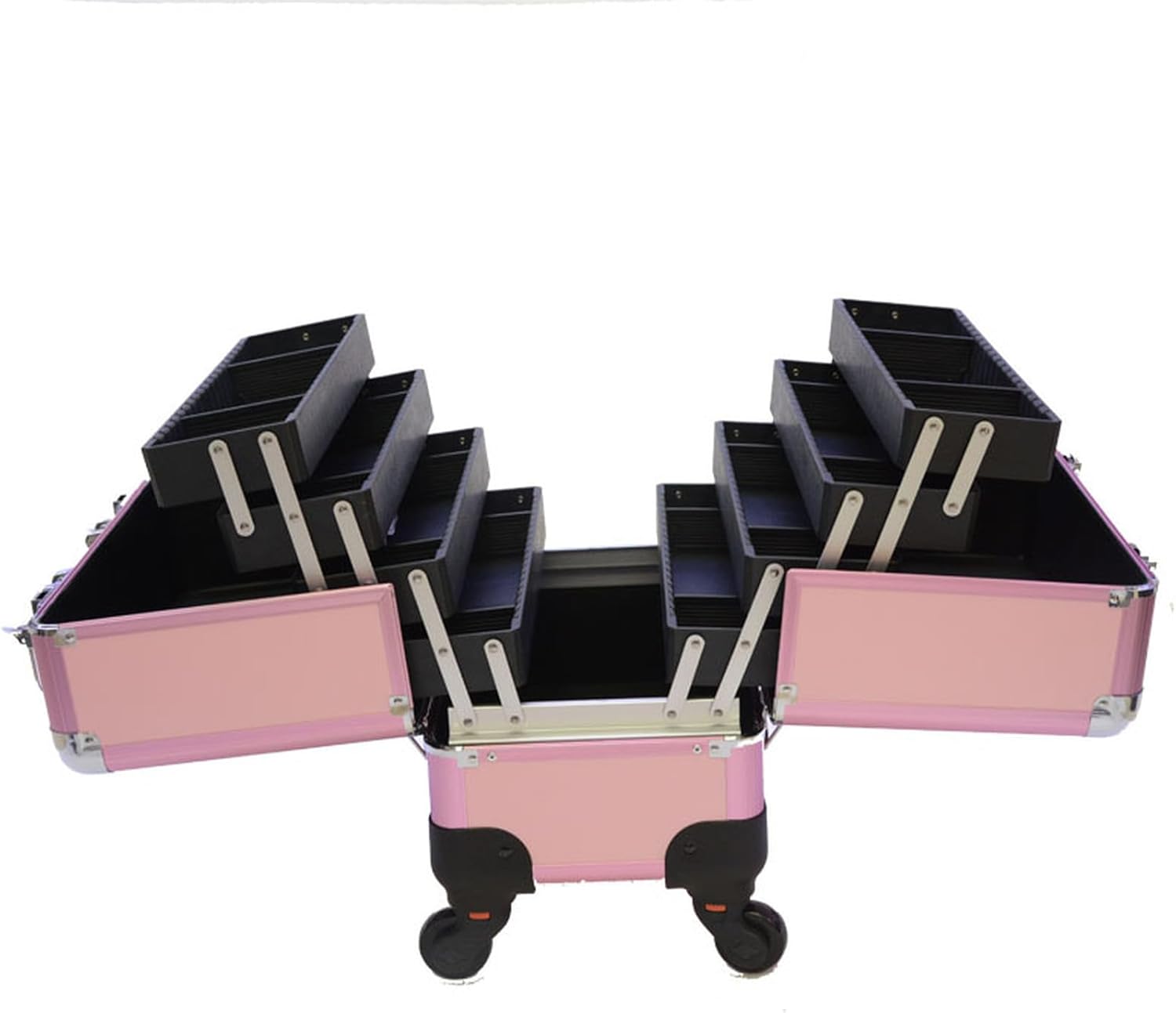 ワンオブゼムマートのプロ用メイクボックス キャスター付き メイクキャリーケース 四層トレー プロ 大容量 化粧ケース アルミ 仕切り付き たくさん収納 メイク収納 化粧品収納 ヘアメイク 美容師 出張 旅行用 プレゼント｜アングル2