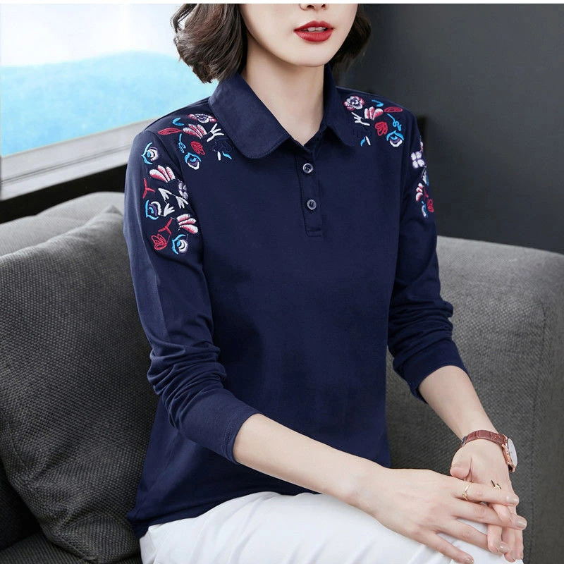 刺繍 ポロシャツ レディース Tシャツ 上品 長袖 襟付き 体型カバー シンプル 涼しい スポーツ 柔らかい トップス カジ