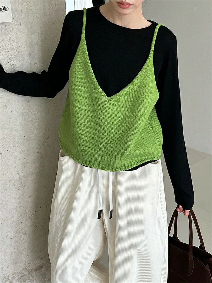 ニットキャミソー 重ね着 春秋 前後2WAY 秋冬 冬 ニットベスト 体型カバー 無地 長袖 トップス カットソー ニット キャミソール