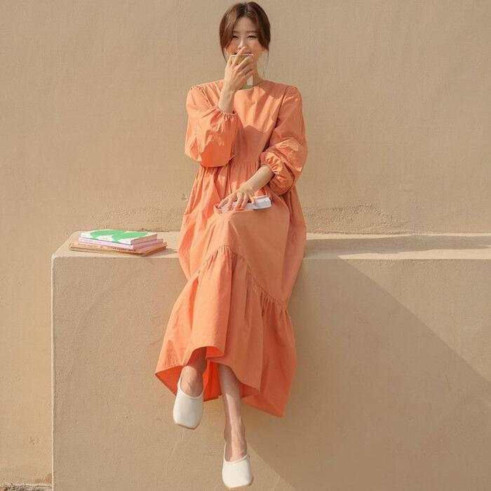 韓 フェミニン 可愛い 大人 エレガント パフスリーブ 袖あり ワンピ 体型カバー 長袖 ロング丈 プルオーバー ティアード ドレス