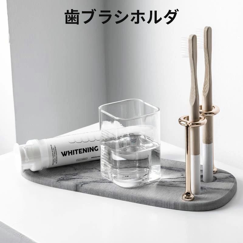歯磨き粉スタン 珪藻土トレー 収納ラック 多機能ベースフレーム 防カビ 吸水 速乾 2本用 除菌 珪藻土 歯ブラシスタンド ゴールド