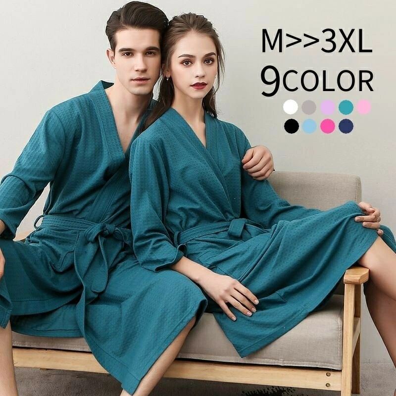 カラバリ豊富 おそろい カップル 七分袖 薄手 ワッフル ナイトガウン 男性 女性 メンズ レディース バスローブ
