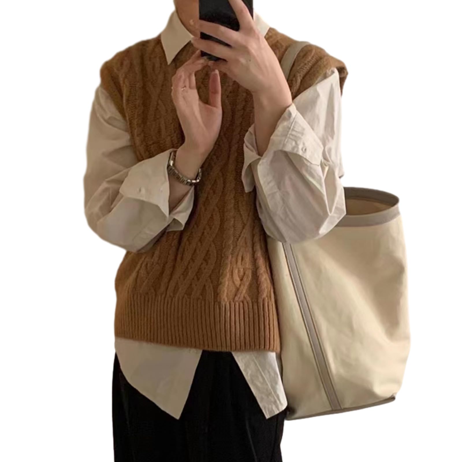 フ オシャレ ニット トップス ノースリーブ ブニット 重ね着 袖なし セーターベスト クルーネック ケーブル編み 無地 レディース